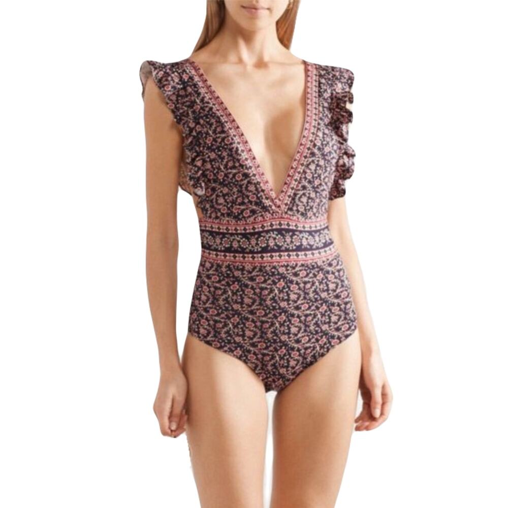 nwot SEA New York One-Piece M Floral Red Ruffle V-Neck Lined Stretch Swim Boho
